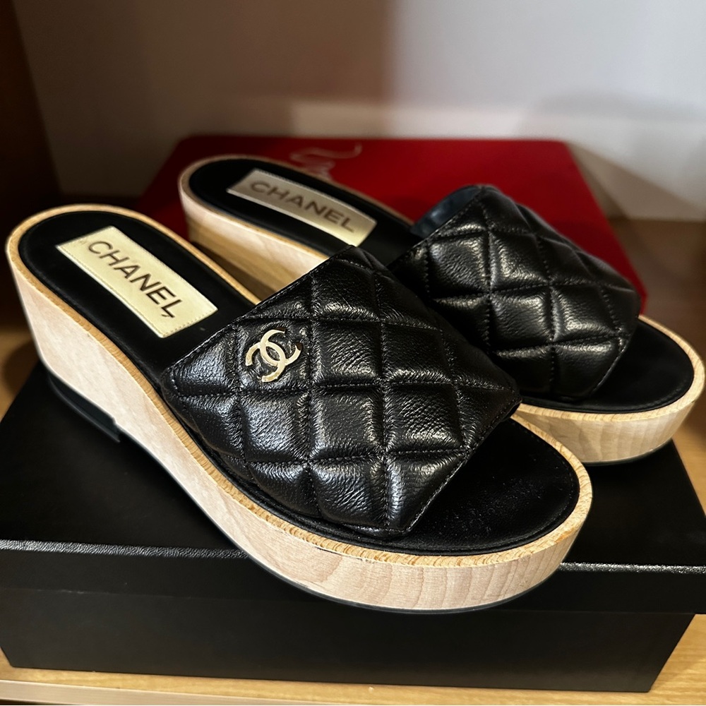 Chanel wood wedge slides, excellent condition!!